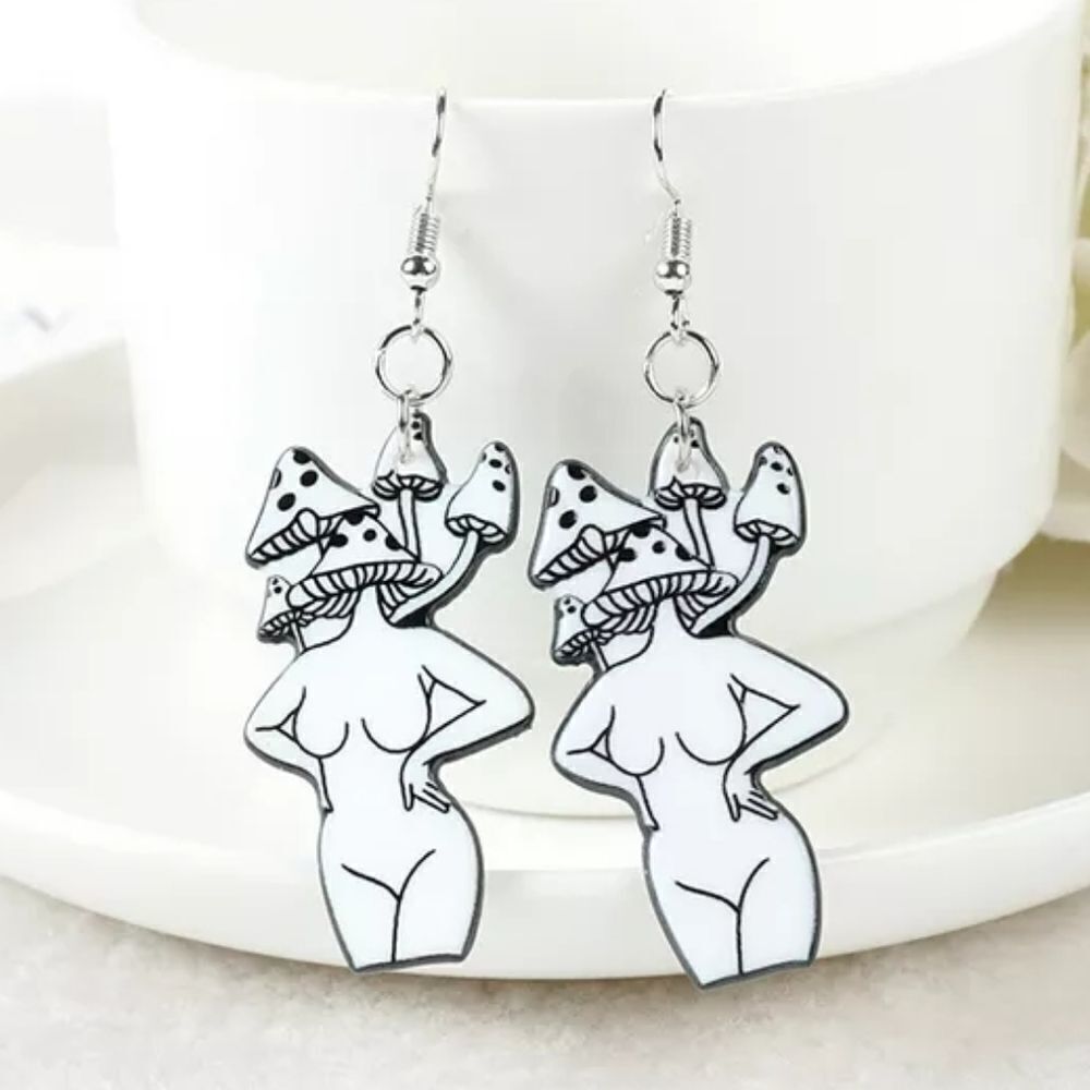 Mushroom Woman Body Figure Drop Earrings Acrylic Jewelry 2.5"